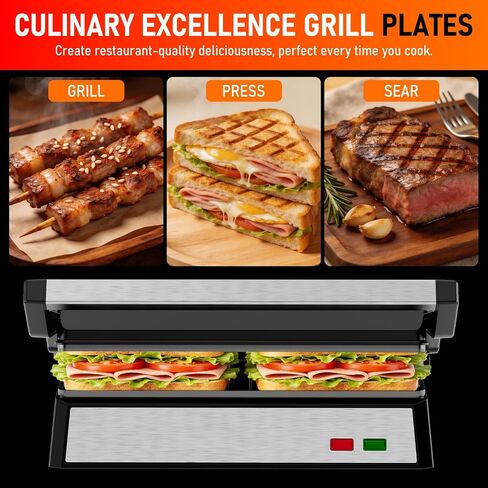 Panini Press Grill, 1200W Sandwich Maker with Non-Stick Plates, Standard 2-Slice Sandwich Press Electric Indoor Grill, Opens 180° to Fit Any Size of Food, Stainless Steel, Removable Drip Tray, Sliver in Saudi Arabia