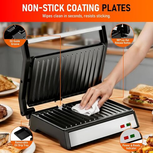 Panini Press Grill, 1200W Sandwich Maker with Non-Stick Plates, Standard 2-Slice Sandwich Press Electric Indoor Grill, Opens 180° to Fit Any Size of Food, Stainless Steel, Removable Drip Tray, Sliver in Saudi Arabia