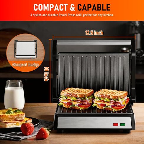 Panini Press Grill, 1200W Sandwich Maker with Non-Stick Plates, Standard 2-Slice Sandwich Press Electric Indoor Grill, Opens 180° to Fit Any Size of Food, Stainless Steel, Removable Drip Tray, Sliver in Saudi Arabia