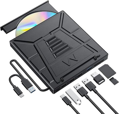 9-in-1 External CD/DVD Drive with Phone Holder, USB 3.0 & Type-C Portable DVD±RW/CD Burner, Plug and Play Optical Drive Compatible with Laptop PC, Desktop, Windows 11/10/8/7, Mac, Linux in Saudi Arabia