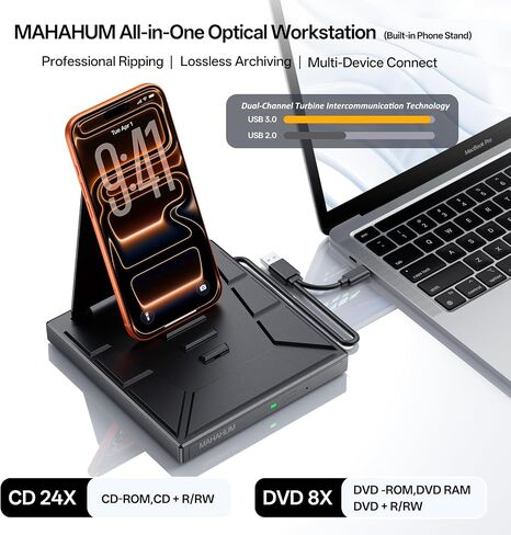9-in-1 External CD/DVD Drive with Phone Holder, USB 3.0 & Type-C Portable DVD±RW/CD Burner, Plug and Play Optical Drive Compatible with Laptop PC, Desktop, Windows 11/10/8/7, Mac, Linux in Saudi Arabia