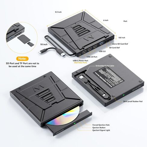 9-in-1 External CD/DVD Drive with Phone Holder, USB 3.0 & Type-C Portable DVD±RW/CD Burner, Plug and Play Optical Drive Compatible with Laptop PC, Desktop, Windows 11/10/8/7, Mac, Linux in Saudi Arabia