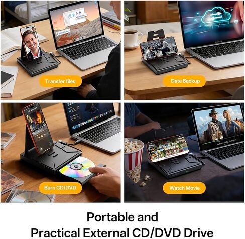 9-in-1 External CD/DVD Drive with Phone Holder, USB 3.0 & Type-C Portable DVD±RW/CD Burner, Plug and Play Optical Drive Compatible with Laptop PC, Desktop, Windows 11/10/8/7, Mac, Linux in Saudi Arabia