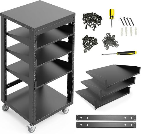 AxcessAbles 12U Open Frame Network & AV Rack with Caster Wheels, Two 2U Shelves, 10-32 & Cage Nut Compatible Rails, Cage Nuts, Screws, Cage Nut Tool & Wall Mount Kit | 19-Inch Rack in Kuwait