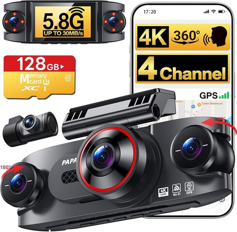 4 Channel 360° Dash Cam, 4K Front + 1080P Rear/Left/Right, 5GHz WiFi 30MB/s | Free 128GB SD Card, Voice Control Dash Camera, APP, GPS, 3" IPS Screen, Night vision, G-Sensor, Parking Mode, Loop Recording in Saudi Arabia