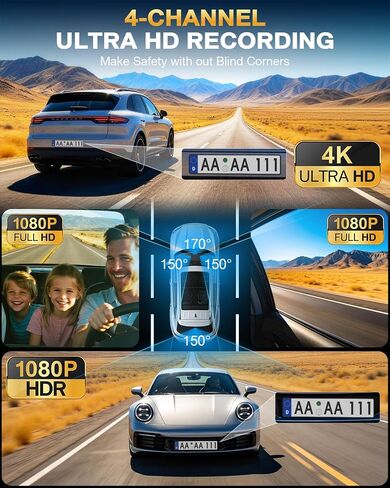 4 Channel 360° Dash Cam, 4K Front + 1080P Rear/Left/Right, 5GHz WiFi 30MB/s | Free 128GB SD Card, Voice Control Dash Camera, APP, GPS, 3" IPS Screen, Night vision, G-Sensor, Parking Mode, Loop Recording in Saudi Arabia