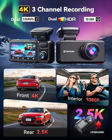 REDTIGER F17 Elite 4K Dash Cam 3 Channel, STARVIS 2 IMX678 & IMX675, 128GB Card, Full Night Color, 4K+2.5K+1080P Front and Rear Inside, Voice Control, 5GHz WiFi-30MB/s Download, GPS, HDR, Parking Mode in Kuwait