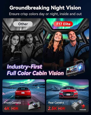REDTIGER F17 Elite 4K Dash Cam 3 Channel, STARVIS 2 IMX678 & IMX675, 128GB Card, Full Night Color, 4K+2.5K+1080P Front and Rear Inside, Voice Control, 5GHz WiFi-30MB/s Download, GPS, HDR, Parking Mode in Kuwait