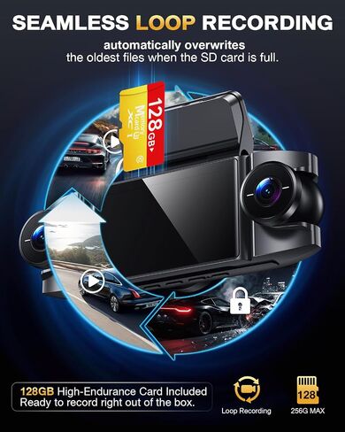 4 Channel 360° Dash Cam, 4K Front + 1080P Rear/Left/Right, 5GHz WiFi 30MB/s | Free 128GB SD Card, Voice Control Dash Camera, APP, GPS, 3" IPS Screen, Night vision, G-Sensor, Parking Mode, Loop Recording in Saudi Arabia