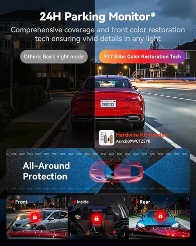 REDTIGER F17 Elite 4K Dash Cam 3 Channel, STARVIS 2 IMX678 & IMX675, 128GB Card, Full Night Color, 4K+2.5K+1080P Front and Rear Inside, Voice Control, 5GHz WiFi-30MB/s Download, GPS, HDR, Parking Mode in Kuwait