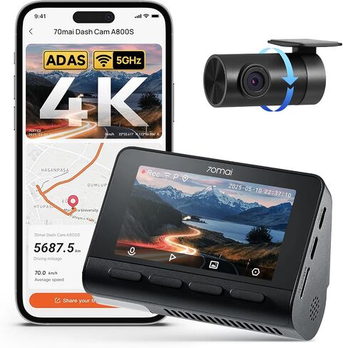 70mai 4K Dash Cam Front and Rear, Built in Wi-Fi 6 & GPS Car Camera, Super Night Vision, ADAS, 3'' IPS Screen, 24H Parking Mode, Time-Lapse, Loop Recording, with 128GB Card (A800SE) in Kuwait