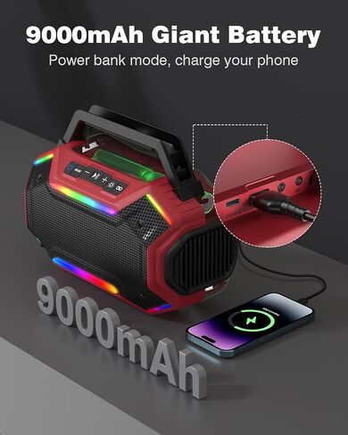 Qozybuds Bluetooth 6.0 Speaker, 80W(Peak) Loud Speaker with Bass, 30H Working Time, IPX6 Waterproof Large Jobsite Speakers with TWS, RGB Lights for Work, Outdoor, Workshop, Garage (Red) in Kuwait