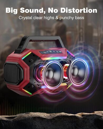 Qozybuds Bluetooth 6.0 Speaker, 80W(Peak) Loud Speaker with Bass, 30H Working Time, IPX6 Waterproof Large Jobsite Speakers with TWS, RGB Lights for Work, Outdoor, Workshop, Garage (Red) in Kuwait