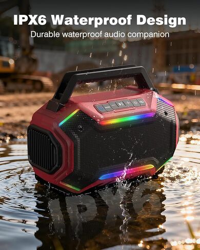 Qozybuds Bluetooth 6.0 Speaker, 80W(Peak) Loud Speaker with Bass, 30H Working Time, IPX6 Waterproof Large Jobsite Speakers with TWS, RGB Lights for Work, Outdoor, Workshop, Garage (Red) in Kuwait