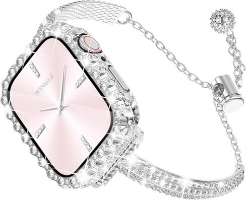 WINGLE Bling Band لـ Apple Watch Bands النساء 38 مم 40 مم 41 مم 42 مم 46 مم 45 مم 44 مم 42 مم SE 3/2/1 سلسلة 11 10 9 8 7 6 5 4 3 2 1، سوار حجر الراين الماسي مع غطاء لامع مقاوم للماء وغطاء حافة من الدانتيل in Kuwait