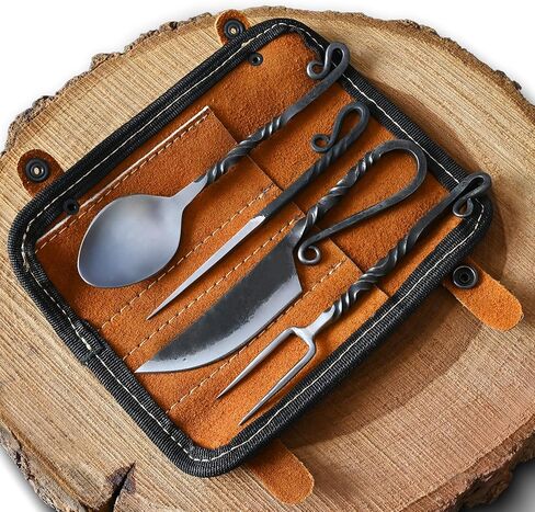 Medieval Silverware Set with Leather Cover - Hand Forged Medieval Cutlery Set - Viking Camping Utensils, Medieval Decor,Gifts - 4 Pcs Viking Utensils Set Fork Spoon and Knife Set (Half Black) (Silver Black) in Saudi Arabia