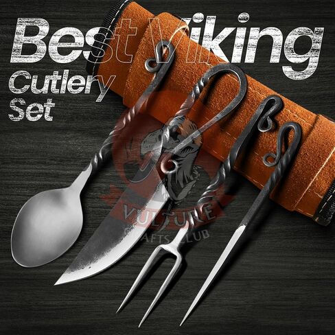 Medieval Silverware Set with Leather Cover - Hand Forged Medieval Cutlery Set - Viking Camping Utensils, Medieval Decor,Gifts - 4 Pcs Viking Utensils Set Fork Spoon and Knife Set (Half Black) (Silver Black) in Saudi Arabia