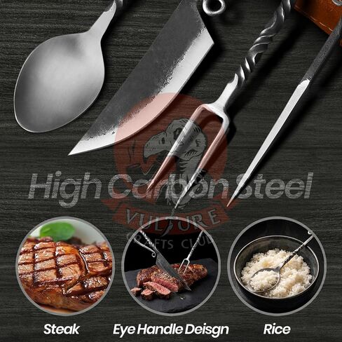 Medieval Silverware Set with Leather Cover - Hand Forged Medieval Cutlery Set - Viking Camping Utensils, Medieval Decor,Gifts - 4 Pcs Viking Utensils Set Fork Spoon and Knife Set (Half Black) (Silver Black) in Saudi Arabia