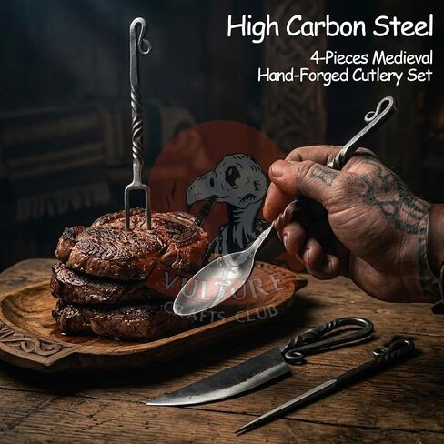Medieval Silverware Set with Leather Cover - Hand Forged Medieval Cutlery Set - Viking Camping Utensils, Medieval Decor,Gifts - 4 Pcs Viking Utensils Set Fork Spoon and Knife Set (Half Black) (Silver Black) in Saudi Arabia