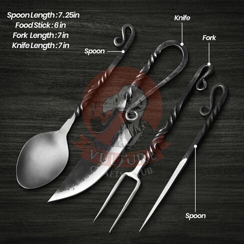 Medieval Silverware Set with Leather Cover - Hand Forged Medieval Cutlery Set - Viking Camping Utensils, Medieval Decor,Gifts - 4 Pcs Viking Utensils Set Fork Spoon and Knife Set (Half Black) (Silver Black) in Saudi Arabia