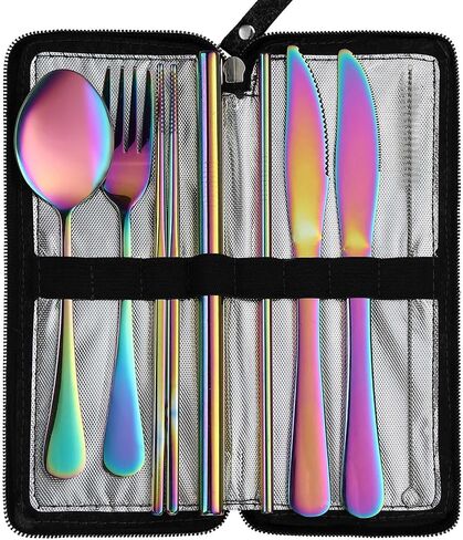 DEVICO Camping Utensils, Stainless Steel Travel Silverware Set with Case | 9Pcs Portable Cutlery Set, Reusable Flatware adult, Steak knife, Boba Straw, Fork and Spoon Set for Lunch box, Work (Rainbow) in Saudi Arabia