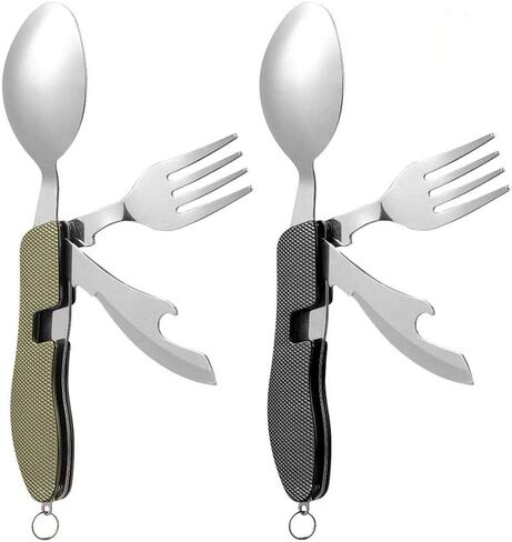 2Pcs Detachable Camping Utensils Cutlery Set, Caudblor Portable 4 in 1 Stainless Steel Travel Utensil, Foldable Knife Fork Spoon Bottle Opener, Multi Function Eating Flatware Tableware(Green Black) | Stainless Steel Detachable Knife Fork Spoon Bottle Open in Saudi Arabia