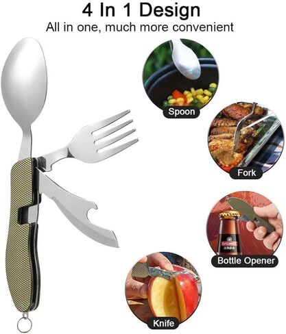 2Pcs Detachable Camping Utensils Cutlery Set, Caudblor Portable 4 in 1 Stainless Steel Travel Utensil, Foldable Knife Fork Spoon Bottle Opener, Multi Function Eating Flatware Tableware(Green Black) | Stainless Steel Detachable Knife Fork Spoon Bottle Open in Saudi Arabia