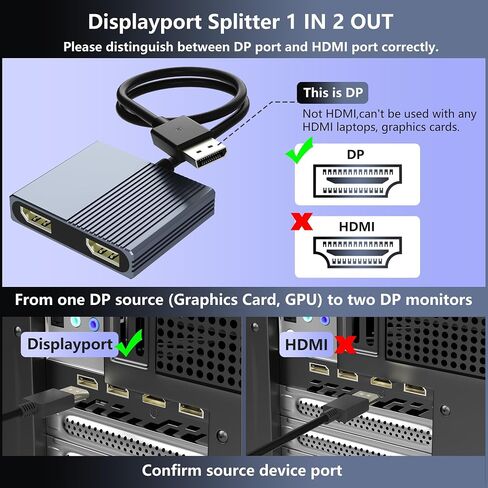 Display Port Splitter for Dual Monitors, 4K@120Hz DisplayPort to Dual DisplayPort Adapter, Displayport MST Hub, Monitor Splitter, Dual Monitor Adapter for Laptop, Desktop, Graphics Card and More in Saudi Arabia