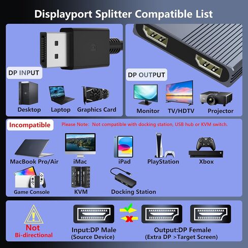 Display Port Splitter for Dual Monitors, 4K@120Hz DisplayPort to Dual DisplayPort Adapter, Displayport MST Hub, Monitor Splitter, Dual Monitor Adapter for Laptop, Desktop, Graphics Card and More in Saudi Arabia