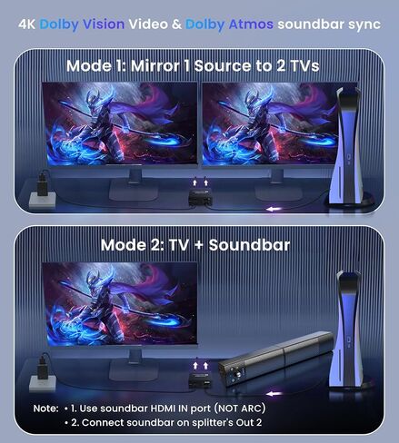 4K@60Hz HDMI Splitter 1 in 2 Out for TV & Soundbar w/ 4Ft HDMI Cable, HDCP 2.2 Bypass, HDMI Audio Splitter Support Dolby Vision/Atmos 7.1ch, Downscale 4K/1080P Sync, 1080P@120Hz, 2K@144Hz for PS5,Roku in Saudi Arabia