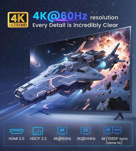 4K@60Hz HDMI Splitter 1 in 2 Out for TV & Soundbar w/ 4Ft HDMI Cable, HDCP 2.2 Bypass, HDMI Audio Splitter Support Dolby Vision/Atmos 7.1ch, Downscale 4K/1080P Sync, 1080P@120Hz, 2K@144Hz for PS5,Roku in Saudi Arabia