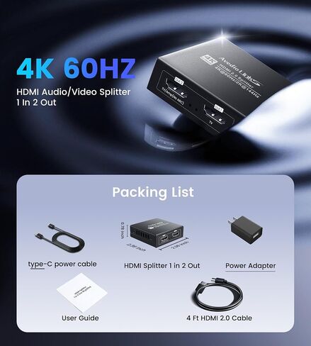 4K@60Hz HDMI Splitter 1 in 2 Out for TV & Soundbar w/ 4Ft HDMI Cable, HDCP 2.2 Bypass, HDMI Audio Splitter Support Dolby Vision/Atmos 7.1ch, Downscale 4K/1080P Sync, 1080P@120Hz, 2K@144Hz for PS5,Roku in Saudi Arabia