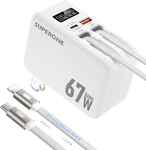 شاحن حائط قابل للسحب بقدرة 67 واط من SUPERONE مع كابلات USB C وكابلات Apple بطول 3.3 قدم | شاشة ذكية، شحن سريع، شاحن 4 في 1 قابل للسحب، قابس قابل للطي، للسفر، لأجهزة ماك بوك/سامسونج/آيفون 17 16 15 14 in Kuwait
