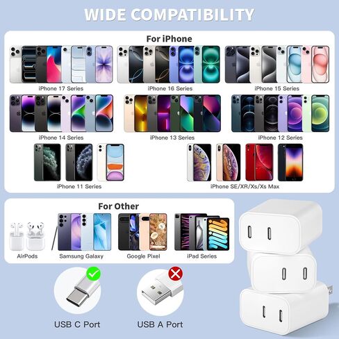 3Pack USB C Fast Charger Block, Dual USB C Port iPhone Wall Charger Adapter | 2 in 1 USBC Charger 20W Apple Type C Fast Charging Block for iPhone 17 Pro Max/16 Pro Max/15/14/13/12/11/Xs Max/XR/X,iPad Pro in Saudi Arabia