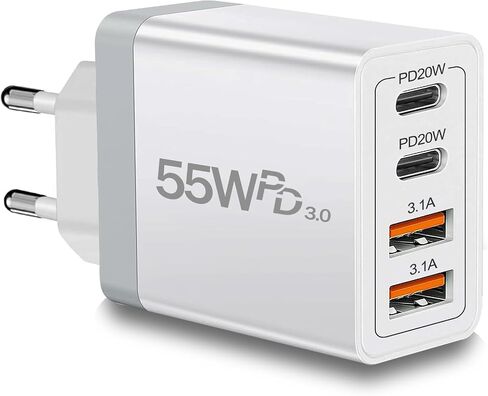 European Travel Plug Adapter USB C, 55W USB C European Charger 4-Port Fast Charger Type C Wall Charger USA to Europe Plug Adapter for iPhone 17 16 15 14 13 12 11 Pro Max X 8, Galaxy, Android in Saudi Arabia