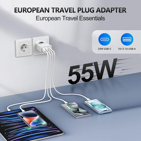 European Travel Plug Adapter USB C, 55W USB C European Charger 4-Port Fast Charger Type C Wall Charger USA to Europe Plug Adapter for iPhone 17 16 15 14 13 12 11 Pro Max X 8, Galaxy, Android in Saudi Arabia