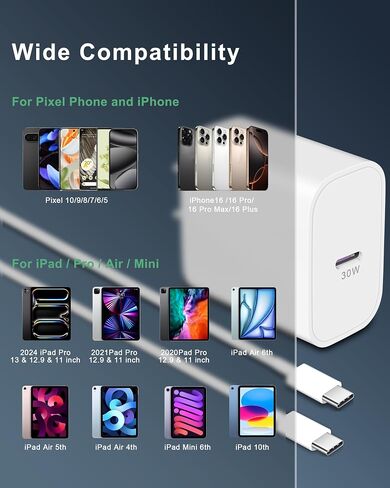 30W USB C Fast Charger for Google Pixel 11/11 Pro XL/Fold/10/9/8/7/6 Pro XL | 30 Watt Type C Super Fast Wall Charger Block, Pixel Phone Fast Charging Brick Accessories,with 6FT USB-C Charging Cable,White in Kuwait