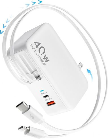 4-in-1 Retractable USB C Wall Charger,40W Fast Charging for Multi-Device | Retractable Charger,Foldable Plug,Extra USBC & A Ports,Dual 35.5in Cables,Multiple Devices Charger for iPhone/Galaxy/Pixel in Saudi Arabia