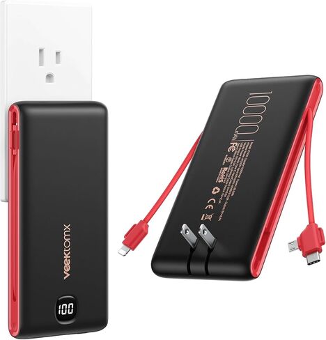 VEEKTOMX Portable Charger with Built-in Cables and AC Wall Plug, 10000mAh | Pocket-Size Travel Power Bank with USB-C and Micro-USB Cables for up to 4 Devices Including iPhone, iPad, Samsung and Kindle in Kuwait