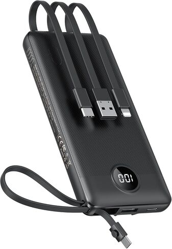 VEEKTOMX 10000mAh Portable Charger with 4 Built-in Cables | Slim Power Bank, USB-C Battery Pack with iPhone & Micro USB, TSA Approved Travel Charger for iPhone, Samsung, Android, Black in Kuwait