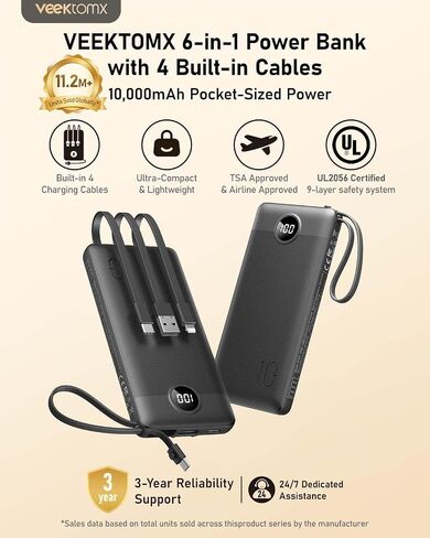 VEEKTOMX 10000mAh Portable Charger with 4 Built-in Cables | Slim Power Bank, USB-C Battery Pack with iPhone & Micro USB, TSA Approved Travel Charger for iPhone, Samsung, Android, Black in Kuwait