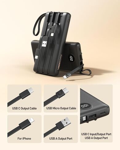 VEEKTOMX 10000mAh Portable Charger with 4 Built-in Cables | Slim Power Bank, USB-C Battery Pack with iPhone & Micro USB, TSA Approved Travel Charger for iPhone, Samsung, Android, Black in Kuwait