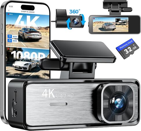 4K Dash Cam Front and Rear,4K+1080P Dual Dash Camera for Cars, 2.4G WiFi, 2" IPS Screen, Night Vision, G-Sensor, Loop Recording, 32GB Card Included in Saudi Arabia