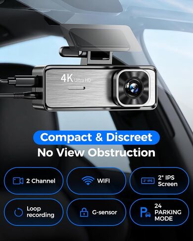 4K Dash Cam Front and Rear,4K+1080P Dual Dash Camera for Cars, 2.4G WiFi, 2" IPS Screen, Night Vision, G-Sensor, Loop Recording, 32GB Card Included in Saudi Arabia