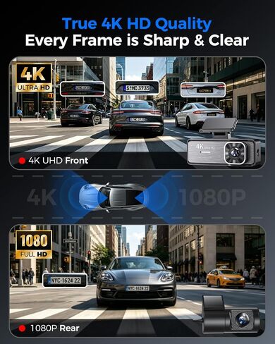 4K Dash Cam Front and Rear,4K+1080P Dual Dash Camera for Cars, 2.4G WiFi, 2" IPS Screen, Night Vision, G-Sensor, Loop Recording, 32GB Card Included in Saudi Arabia