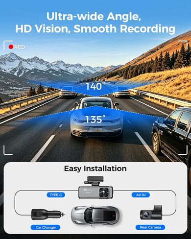 4K Dash Cam Front and Rear,4K+1080P Dual Dash Camera for Cars, 2.4G WiFi, 2" IPS Screen, Night Vision, G-Sensor, Loop Recording, 32GB Card Included in Saudi Arabia