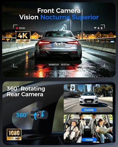 4K Dash Cam Front and Rear,4K+1080P Dual Dash Camera for Cars, 2.4G WiFi, 2" IPS Screen, Night Vision, G-Sensor, Loop Recording, 32GB Card Included in Saudi Arabia