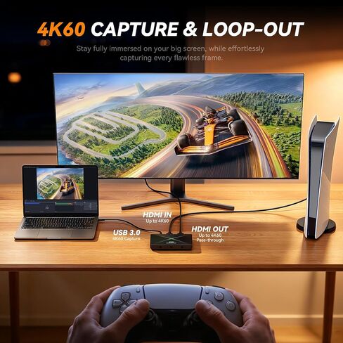 ezcap333P 4K HDMI Capture Card, USB 3.0, 4K60 Record & Passthrough | 1440p120 capture, 3.5mm mic & line-in, plug and play, ultra-low latency game streaming for PS5, Xbox, Switch, OBS, PC, Mac in Saudi Arabia