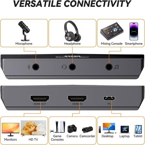 ezcap333P 4K HDMI Capture Card, USB 3.0, 4K60 Record & Passthrough | 1440p120 capture, 3.5mm mic & line-in, plug and play, ultra-low latency game streaming for PS5, Xbox, Switch, OBS, PC, Mac in Saudi Arabia