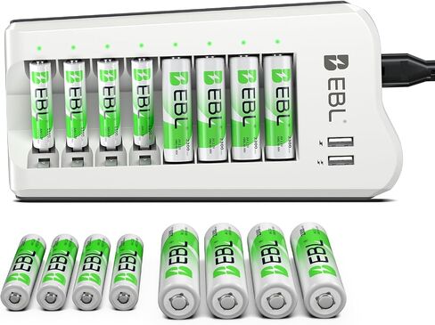 EBL AA AAA Battery Charger, 8 AA 2300mAh & 8 AAA 1100mAh NiMH, 2 USB Ports | 8-Bay AA AAA Individual Dual USB ports charge your phone while AA & AAA batteries power remotes, cameras, flashlights, toys in Kuwait